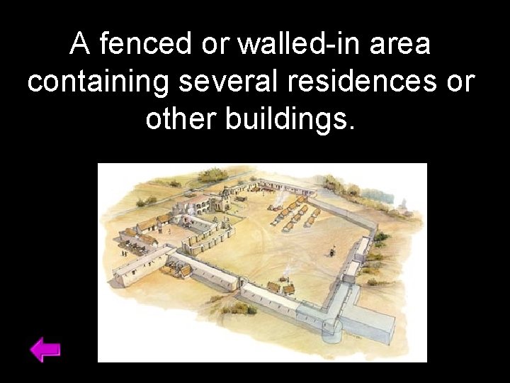 A fenced or walled-in area containing several residences or other buildings. 