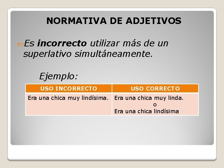 NORMATIVA DE ADJETIVOS Es incorrecto utilizar más de un superlativo simultáneamente. Ejemplo: USO INCORRECTO