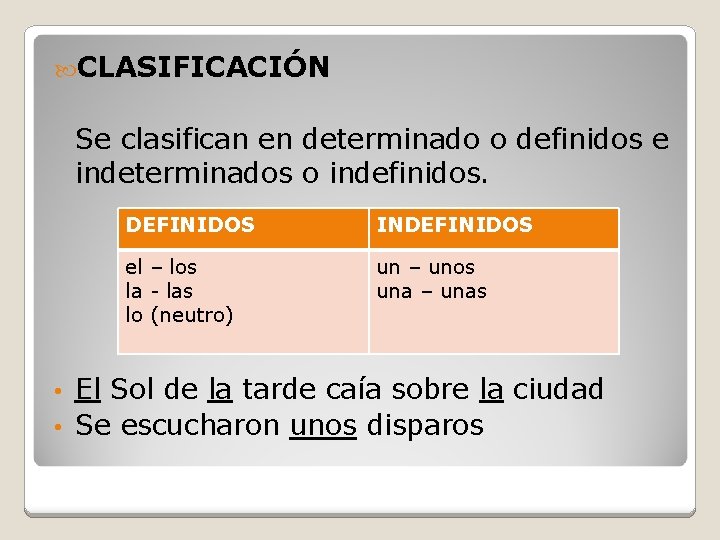  CLASIFICACIÓN Se clasifican en determinado o definidos e indeterminados o indefinidos. DEFINIDOS INDEFINIDOS