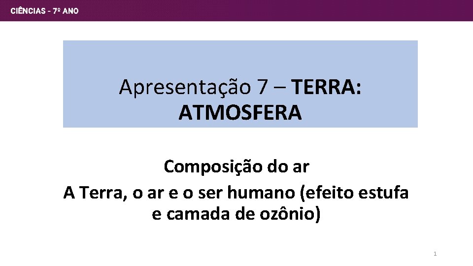 Apresentação 7 – TERRA: ATMOSFERA Composição do ar A Terra, o ar e o