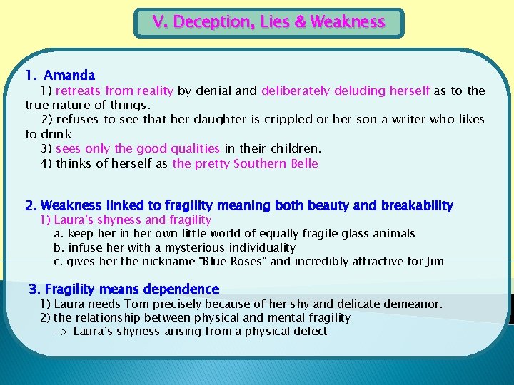 V. Deception, Lies & Weakness 1. Amanda 1) retreats from reality by denial and