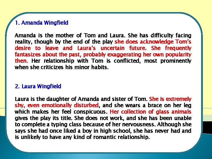 1. Amanda Wingfield Amanda is the mother of Tom and Laura. She has difficulty