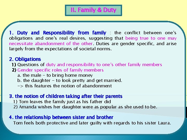 II. Family & Duty 1. Duty and Responsibility from family : the conflict between