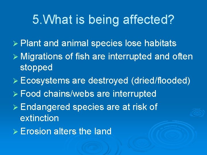 5. What is being affected? Ø Plant and animal species lose habitats Ø Migrations