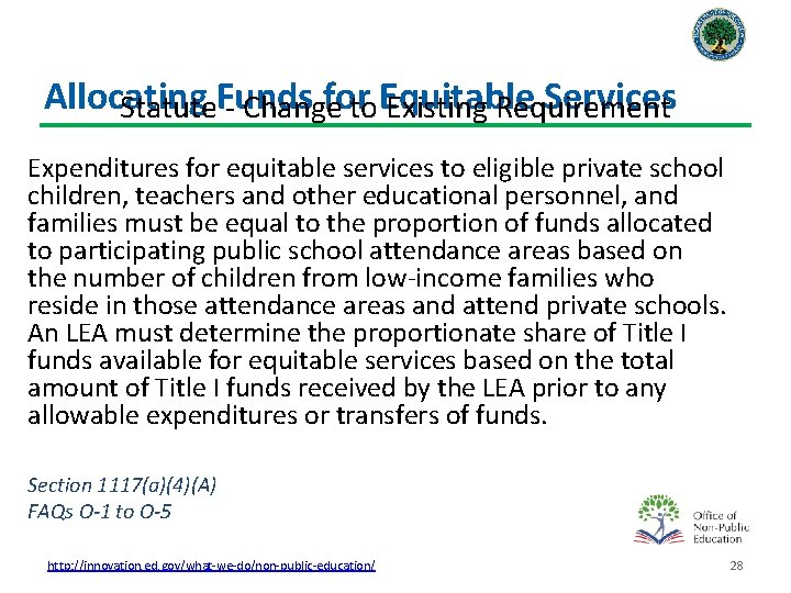 Allocating for Services Statute. Funds - Change to Equitable Existing Requirement Expenditures for equitable