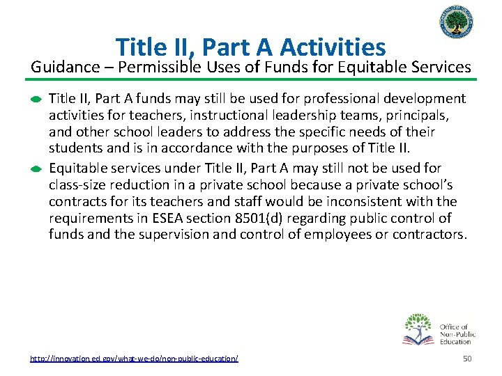 Title II, Part A Activities Guidance – Permissible Uses of Funds for Equitable Services