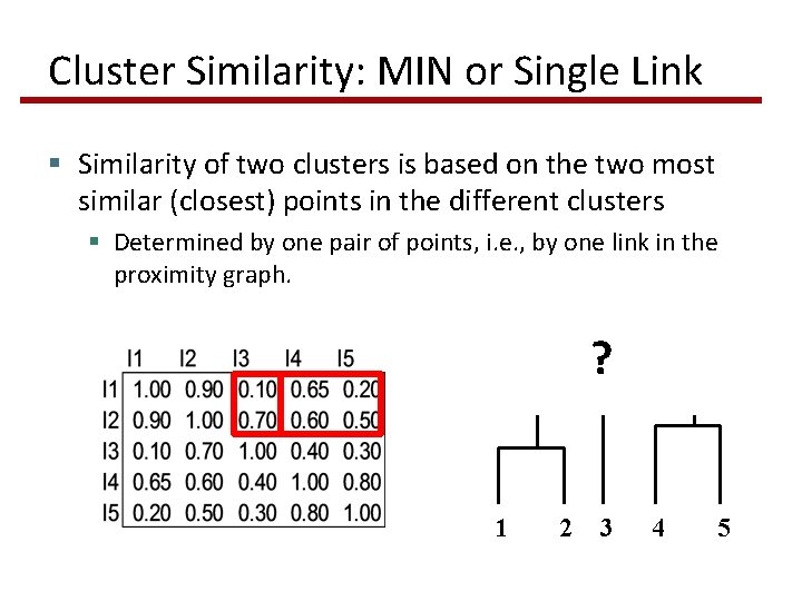 Cluster Similarity: MIN or Single Link § Similarity of two clusters is based on