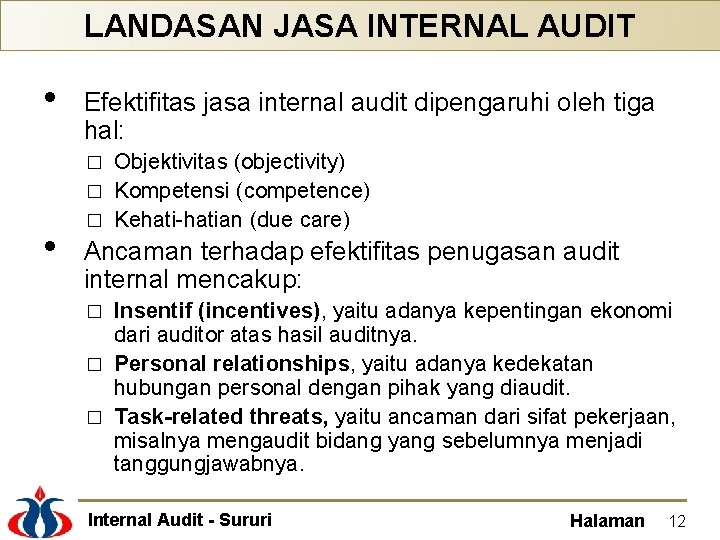 LANDASAN JASA INTERNAL AUDIT • Efektifitas jasa internal audit dipengaruhi oleh tiga hal: Objektivitas