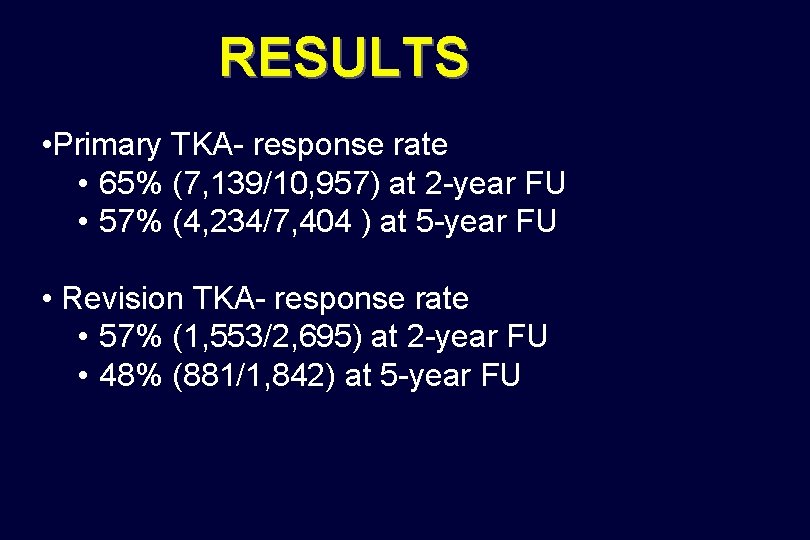 RESULTS • Primary TKA- response rate • 65% (7, 139/10, 957) at 2 -year