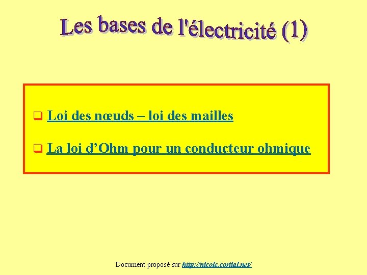 q Loi des nœuds – loi des mailles q La loi d’Ohm pour un