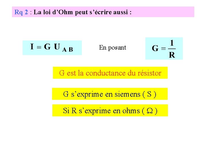 Rq 2 : La loi d’Ohm peut s’écrire aussi : En posant G est