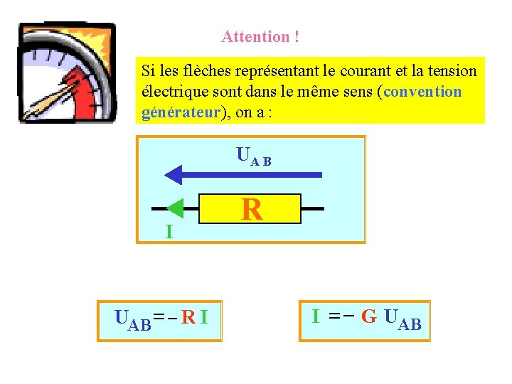 Attention ! Si les flèches représentant le courant et la tension électrique sont dans