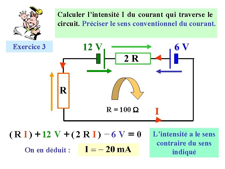 Calculer l’intensité I du courant qui traverse le circuit. Préciser le sens conventionnel du