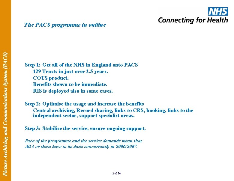 Picture Archiving and Communications System (PACS) The PACS programme in outline Step 1: Get