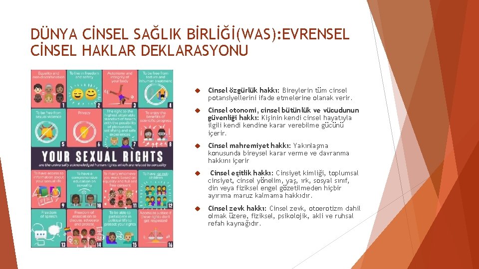 DÜNYA CİNSEL SAĞLIK BİRLİĞİ(WAS): EVRENSEL CİNSEL HAKLAR DEKLARASYONU Cinsel özgürlük hakkı: Bireylerin tüm cinsel