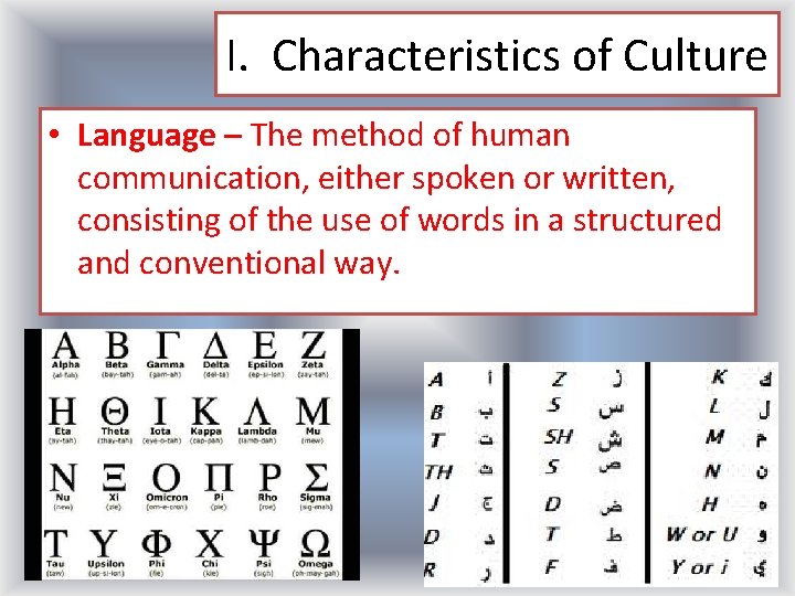 I. Characteristics of Culture • Language – The method of human communication, either spoken