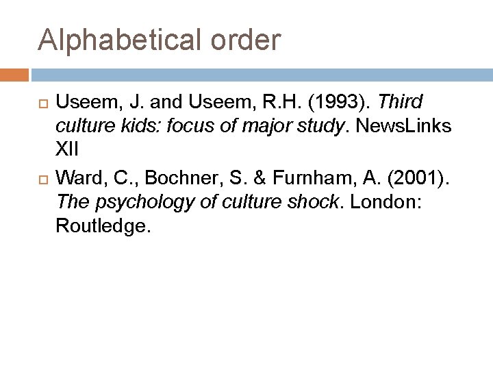 Alphabetical order Useem, J. and Useem, R. H. (1993). Third culture kids: focus of