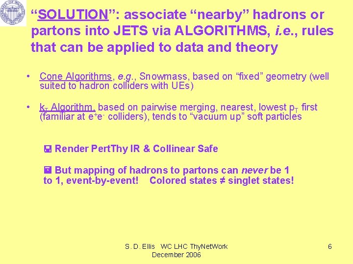 “SOLUTION”: associate “nearby” hadrons or partons into JETS via ALGORITHMS, i. e. , rules