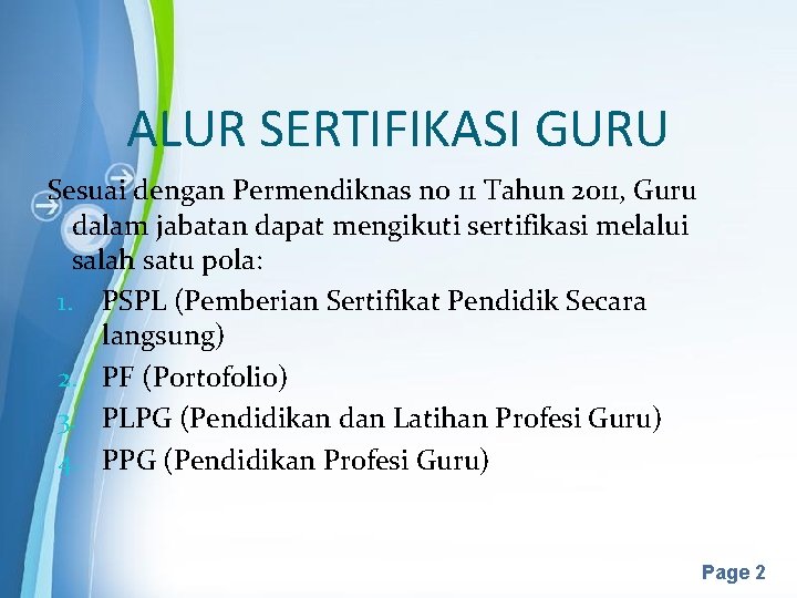 ALUR SERTIFIKASI GURU Sesuai dengan Permendiknas no 11 Tahun 2011, Guru dalam jabatan dapat