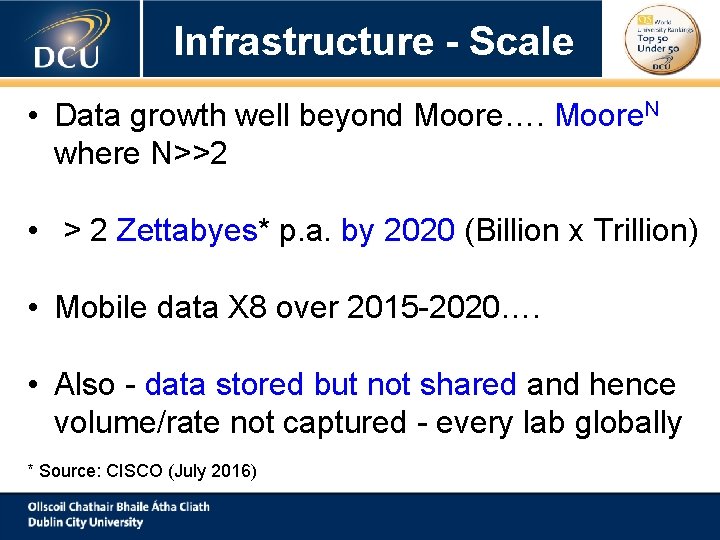 Infrastructure - Scale • Data growth well beyond Moore…. Moore. N where N>>2 •