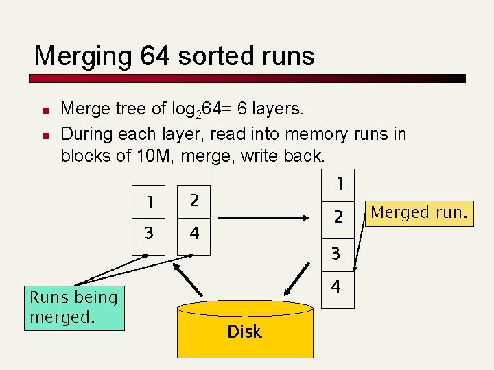 Merging 64 sorted runs n n Merge tree of log 264= 6 layers. During