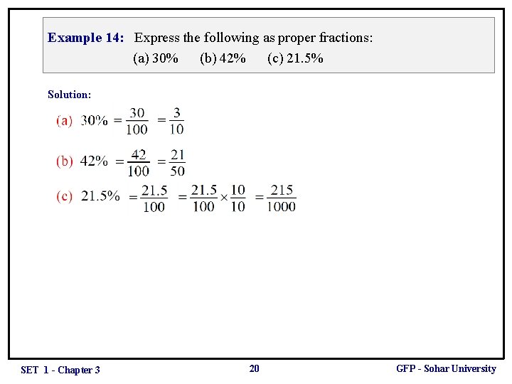 Example 14: Express the following as proper fractions: (a) 30% (b) 42% (c) 21.