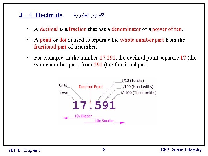 3 - 4 Decimals ﺍﻟﻜﺴـﻮﺭ ﺍﻟﻌﺸـﺮﻳﺔ • A decimal is a fraction that has