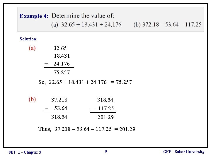 Example 4: Solution: 32. 65 18. 431 + 24. 176 75. 257 So, 32.