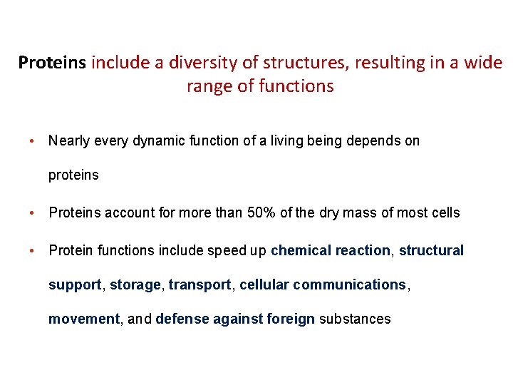 Proteins include a diversity of structures, resulting in a wide range of functions •