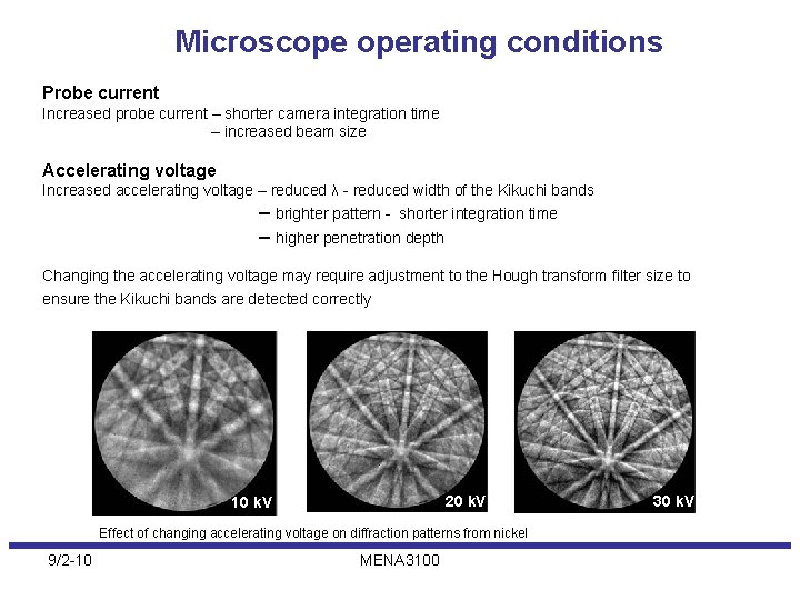 Microscope operating conditions Probe current Increased probe current – shorter camera integration time –