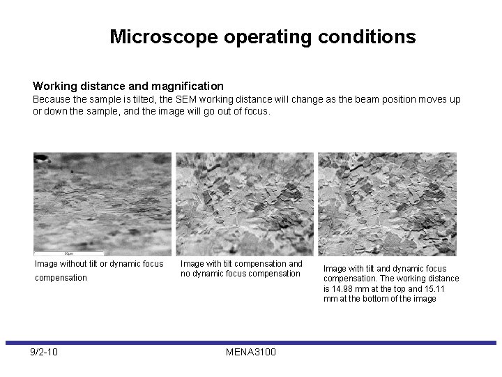 Microscope operating conditions Working distance and magnification Because the sample is tilted, the SEM