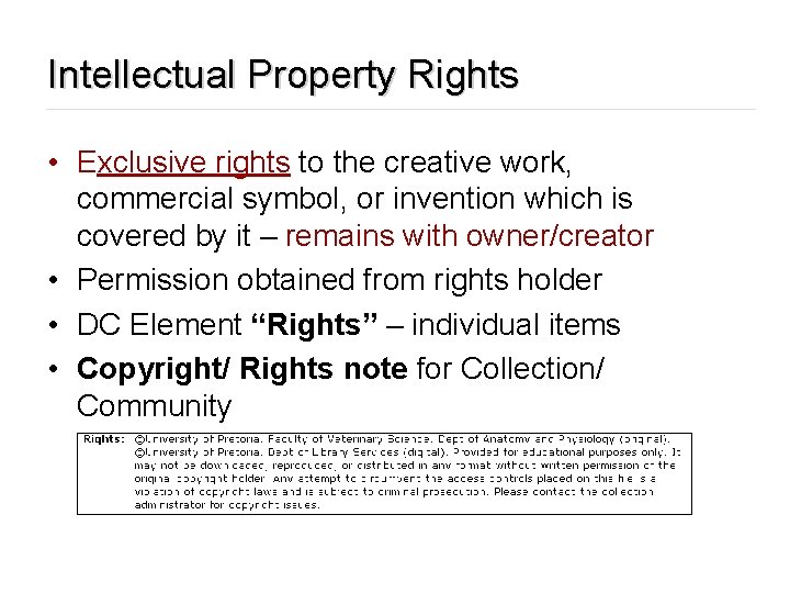 Intellectual Property Rights • Exclusive rights to the creative work, commercial symbol, or invention