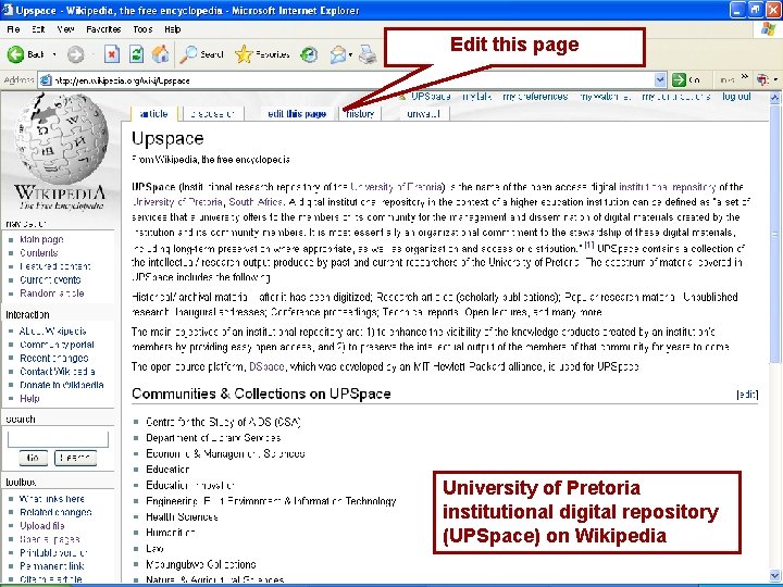 Edit this page University of Pretoria institutional digital repository (UPSpace) on Wikipedia 