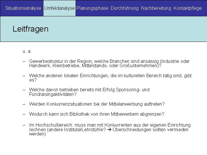 Situationsanalyse Umfeldanalyse Planungsphase Durchführung Nachbereitung Kontaktpflege Leitfragen u. a. – Gewerbestruktur in der Region,