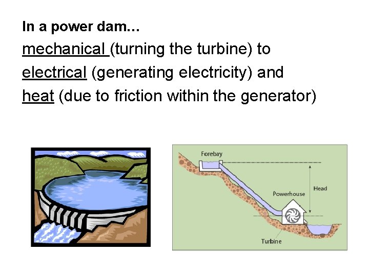 In a power dam… mechanical (turning the turbine) to electrical (generating electricity) and heat