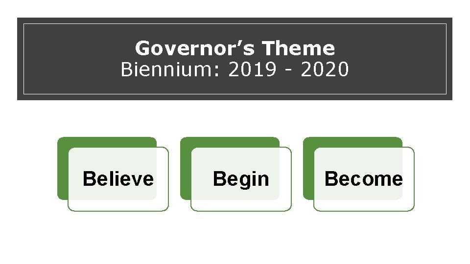 Governor’s Theme Biennium: 2019 - 2020 Believe Begin Become 