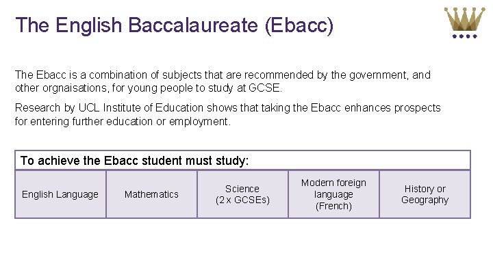 The English Baccalaureate (Ebacc) The Ebacc is a combination of subjects that are recommended