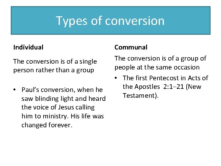 Types of conversion Individual Communal The conversion is of a single person rather than