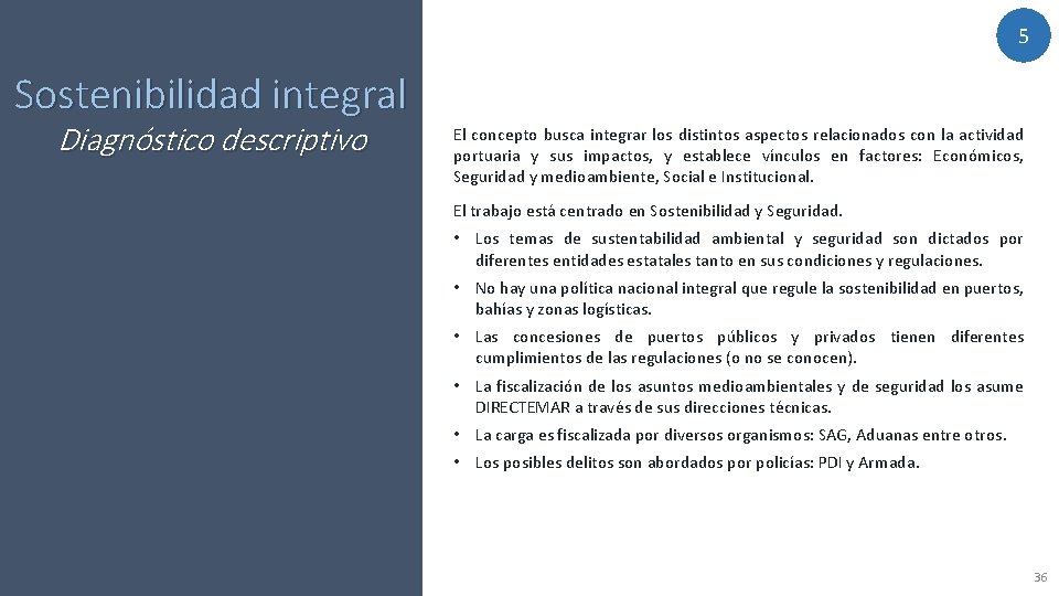 5 Sostenibilidad integral Diagnóstico descriptivo El concepto busca integrar los distintos aspectos relacionados con