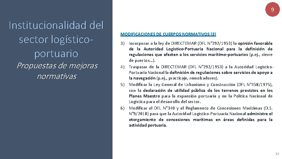 9 Institucionalidad del sector logísticoportuario Propuestas de mejoras normativas MODIFICACIONES DE CUERPOS NORMATIVOS (2)