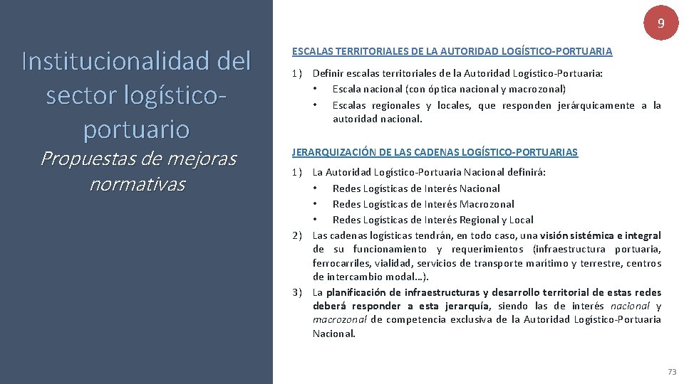 9 Institucionalidad del sector logísticoportuario Propuestas de mejoras normativas ESCALAS TERRITORIALES DE LA AUTORIDAD