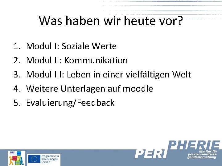 Was haben wir heute vor? 1. 2. 3. 4. 5. Modul I: Soziale Werte