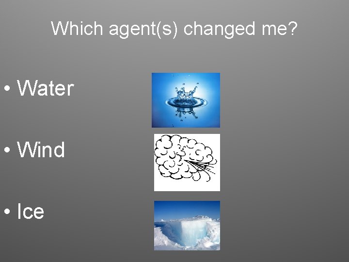 Which agent(s) changed me? • Water • Wind • Ice 