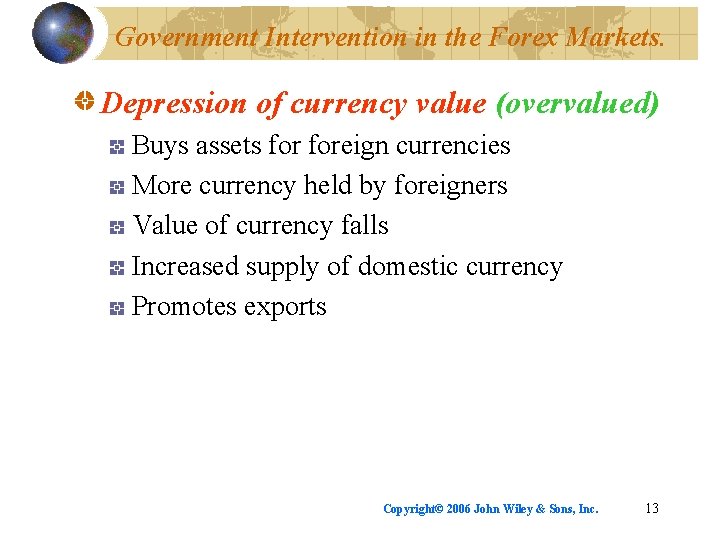 Government Intervention in the Forex Markets. Depression of currency value (overvalued) Buys assets foreign