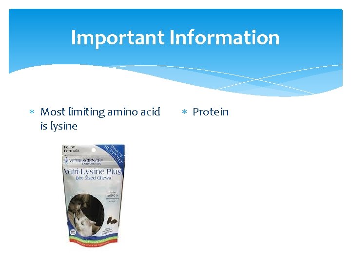 Important Information Most limiting amino acid is lysine Protein 