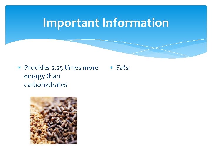 Important Information Provides 2. 25 times more energy than carbohydrates Fats 