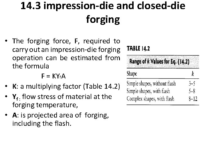 14. 3 impression-die and closed-die forging • The forging force, F, required to carry
