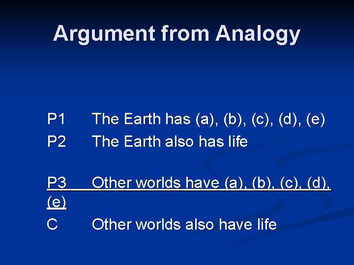 Argument from Analogy P 1 P 2 The Earth has (a), (b), (c), (d),