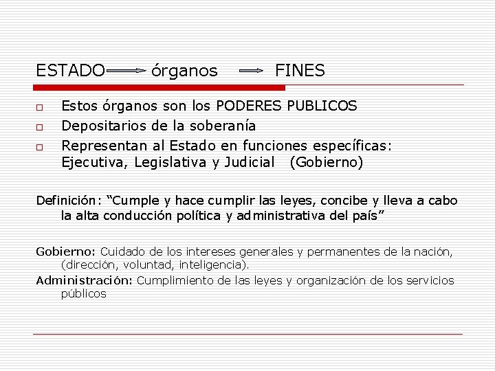ESTADO o o o órganos FINES Estos órganos son los PODERES PUBLICOS Depositarios de