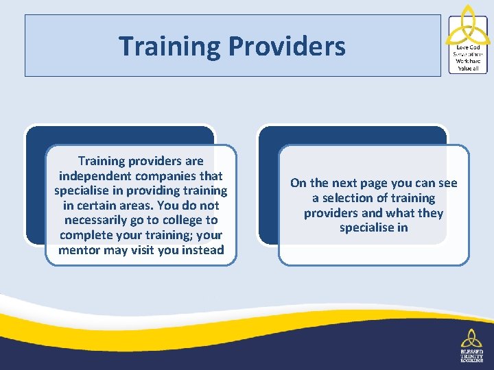 Training Providers Training providers are independent companies that specialise in providing training in certain